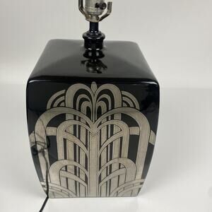 Vintage MCM Black Ceramic Art Deco Table Lamp Chrome Architecture Light